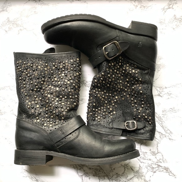 Frye Black Studded Combat Boots - Picture 6 of 13